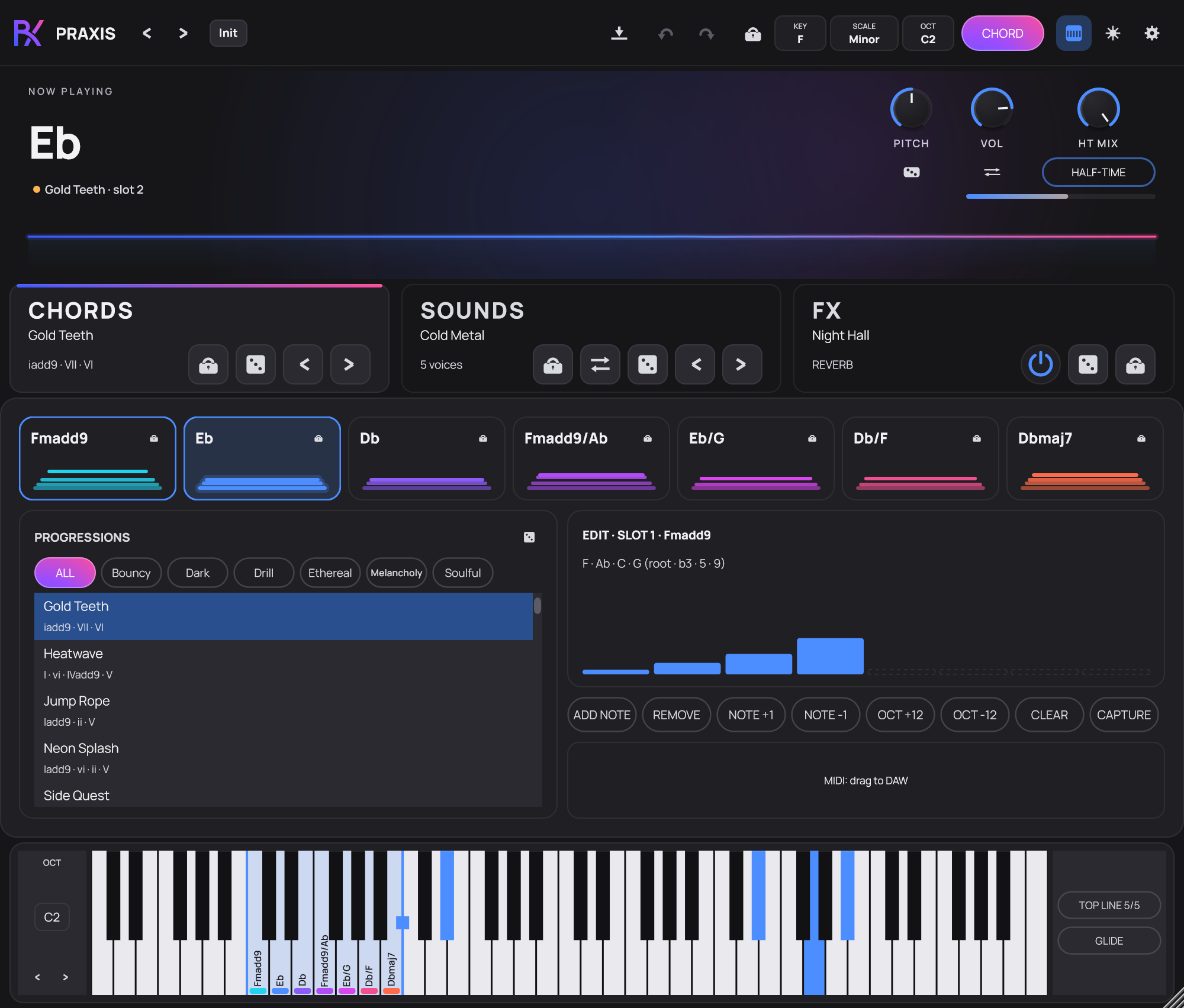 The Praxis CHORDS page: seven chord pads, the progression list and the split keyboard