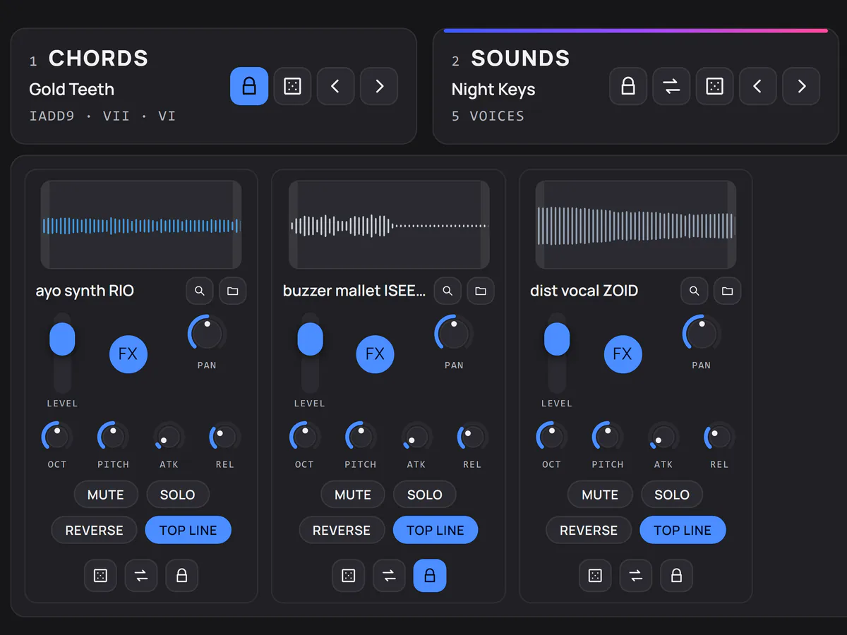 Lock, dice and Mutate buttons on the CHORDS and SOUNDS cards and under each sound, with the chords and one sound locked
