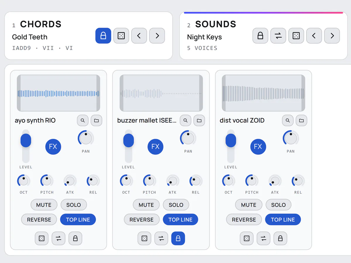Lock, dice and Mutate buttons on the CHORDS and SOUNDS cards and under each sound, with the chords and one sound locked