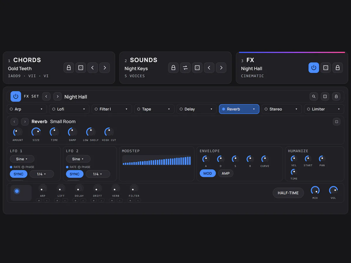 The FX page: FX set Night Hall, the eight-effect chain with Reverb open, two LFOs, a step sequencer, an envelope and the macro knobs