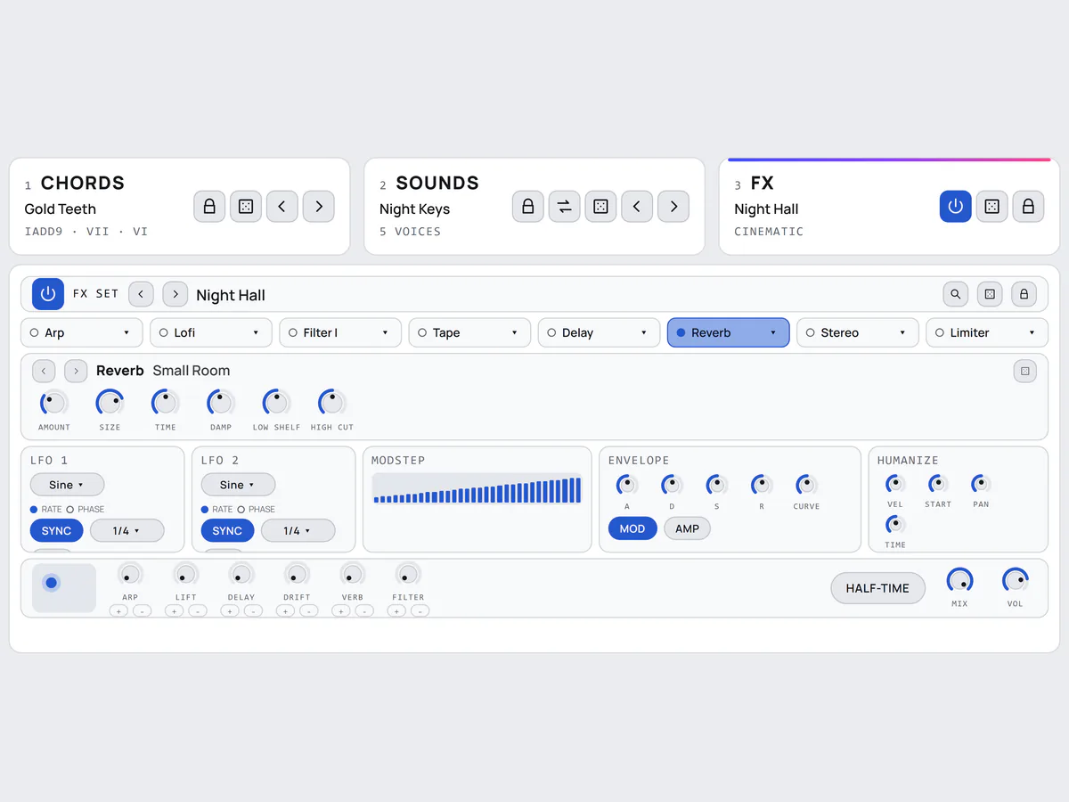The FX page: FX set Night Hall, the eight-effect chain with Reverb open, two LFOs, a step sequencer, an envelope and the macro knobs