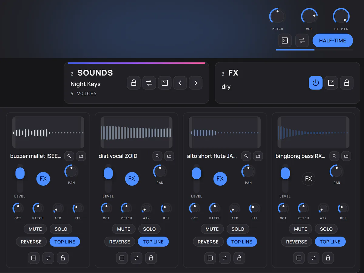 Four sound slots with their round FX buttons, the bass slot's switched off, and HALF-TIME switched on at the top