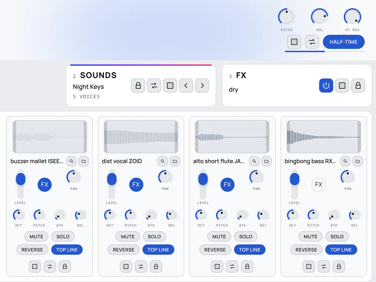 Four sound slots with their round FX buttons, the bass slot's switched off, and HALF-TIME switched on at the top