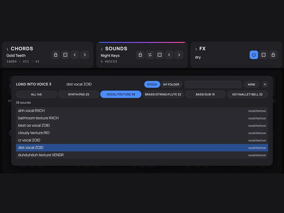 The sound browser loading into voice 3, with the STOCK and MY FOLDER switch, five sound categories and a list of sounds