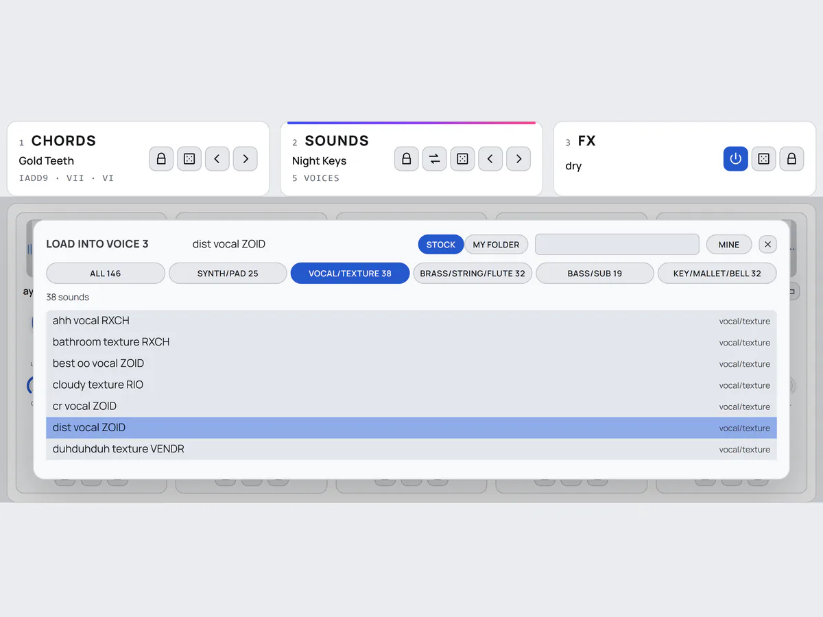 The sound browser loading into voice 3, with the STOCK and MY FOLDER switch, five sound categories and a list of sounds