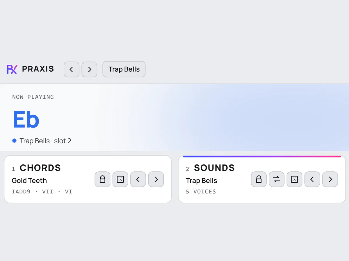 The preset stepper set to Trap Bells, with NOW PLAYING and the SOUNDS card showing the Trap Bells sample set