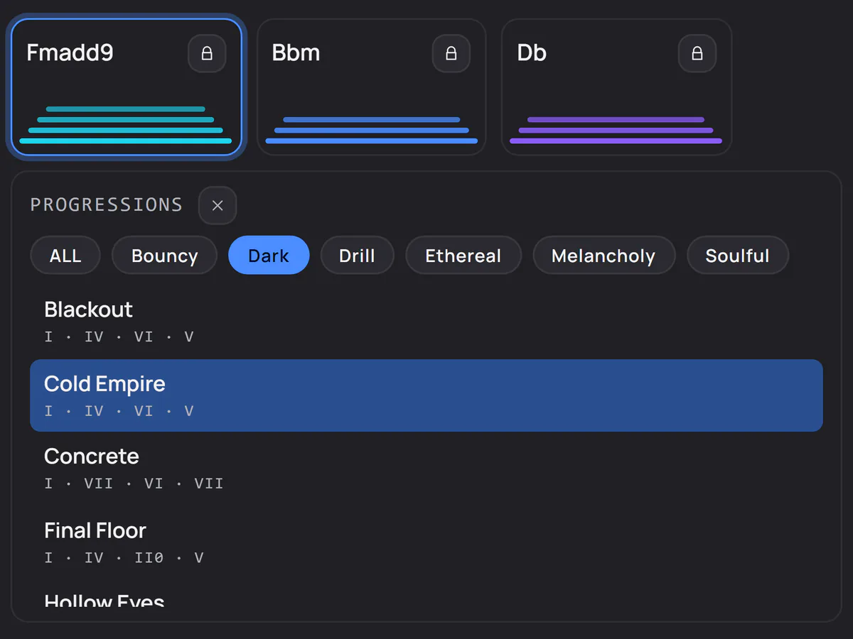 Chord pads above the PROGRESSIONS browser with its mood tabs (Bouncy, Dark, Drill, Ethereal, Melancholy, Soulful), filtered to Dark