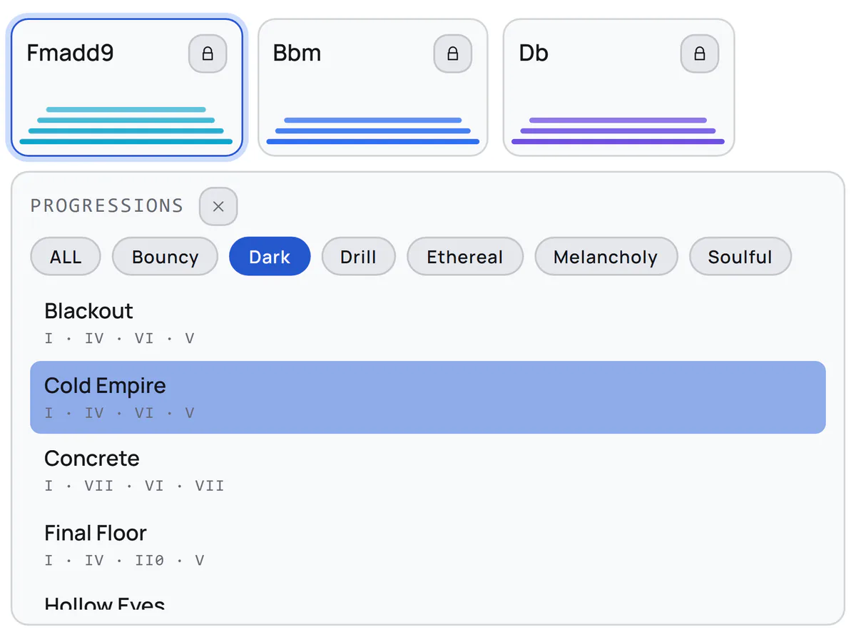 Chord pads above the PROGRESSIONS browser with its mood tabs (Bouncy, Dark, Drill, Ethereal, Melancholy, Soulful), filtered to Dark