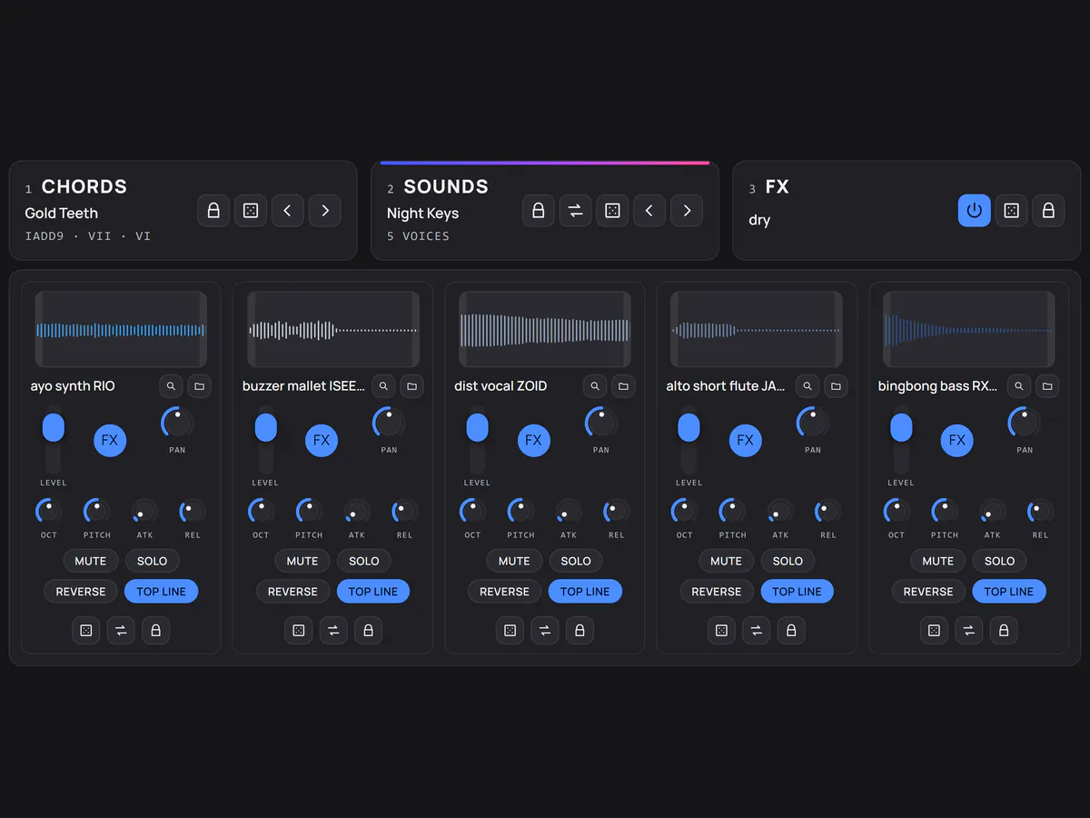 The SOUNDS page: five sound slots, each with its waveform, sound name, level, pan, FX button and envelope knobs