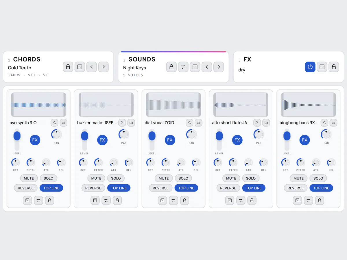 The SOUNDS page: five sound slots, each with its waveform, sound name, level, pan, FX button and envelope knobs